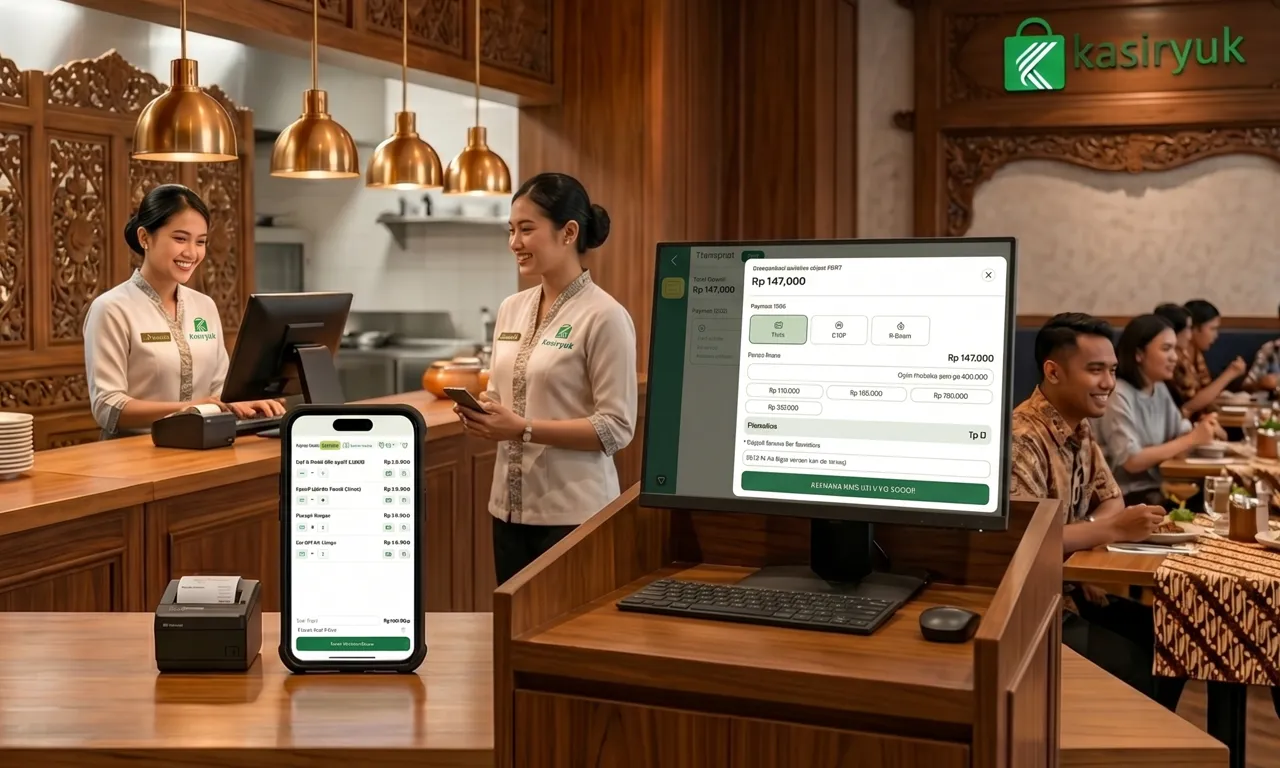 Restaurant staff processing payment with the KasirYuk terminal