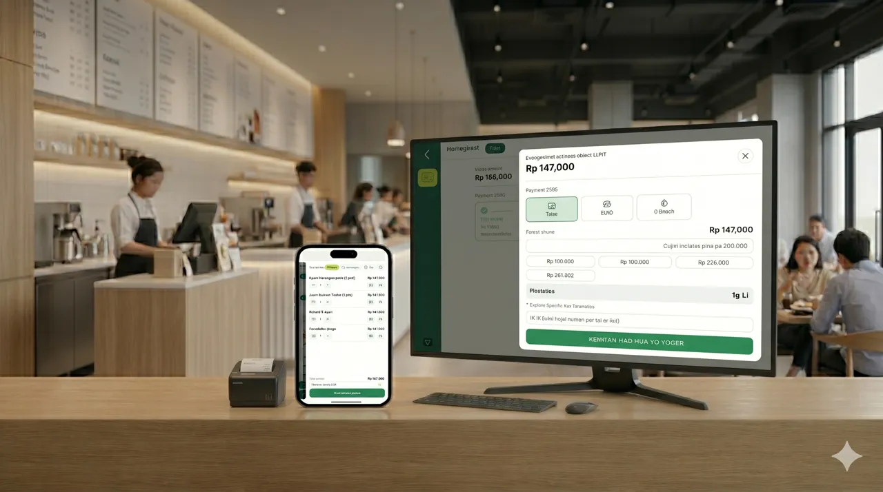 KasirYuk POS in a café — checkout on monitor & phone